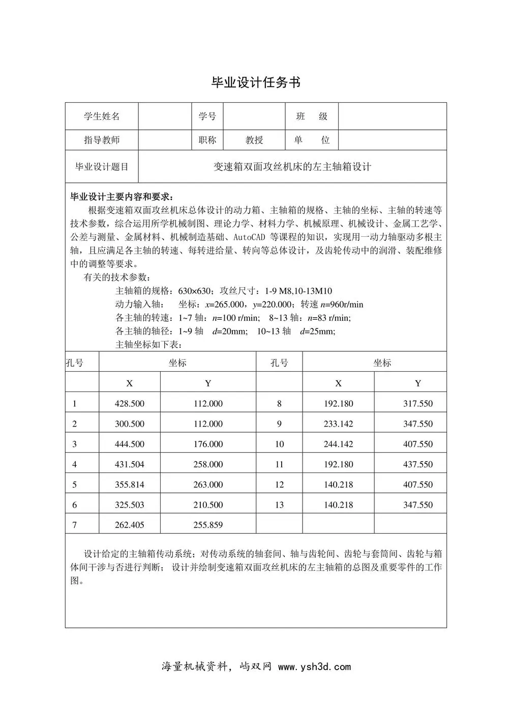 组合专机-变速箱双面攻丝机床左主轴箱设计任务书