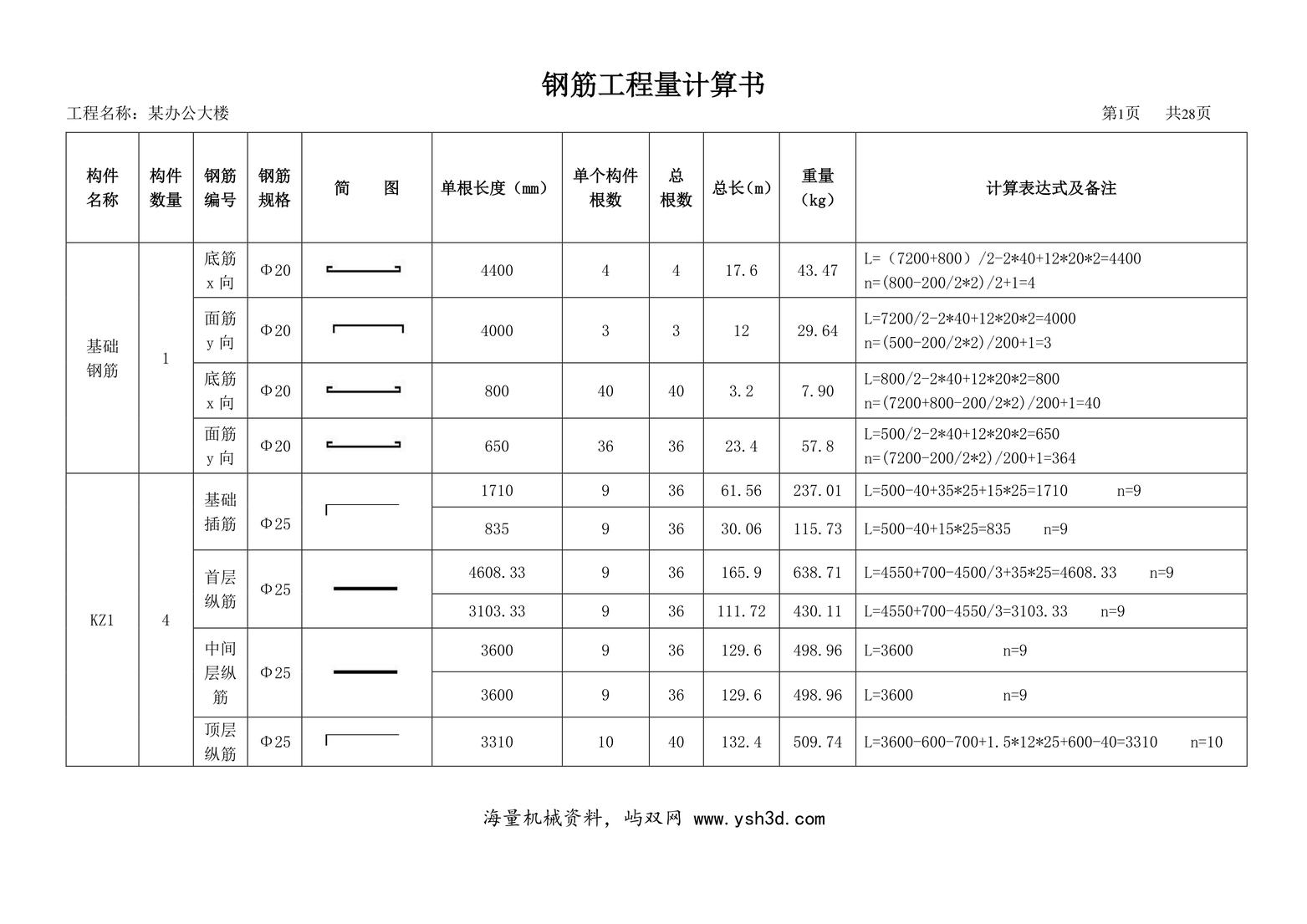 毕业设计钢筋计算表