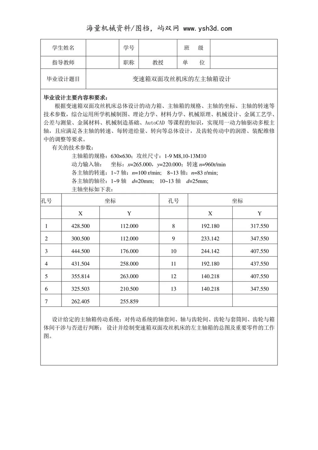 变速箱双面攻丝机床左主轴箱设计任务书