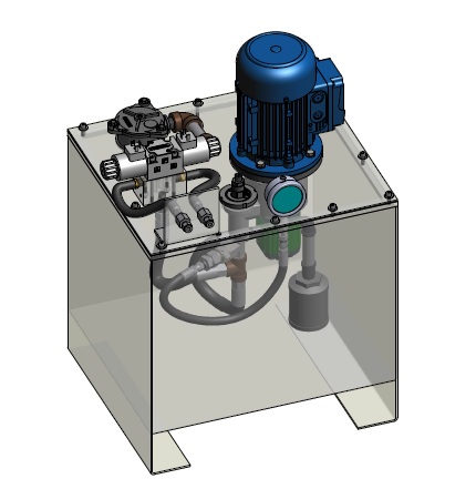 液压动力装置模型包括电机 、液压泵、适配器、电磁阀、安全阀、吸油过滤器、回油过滤器 , 压力表和液压油箱