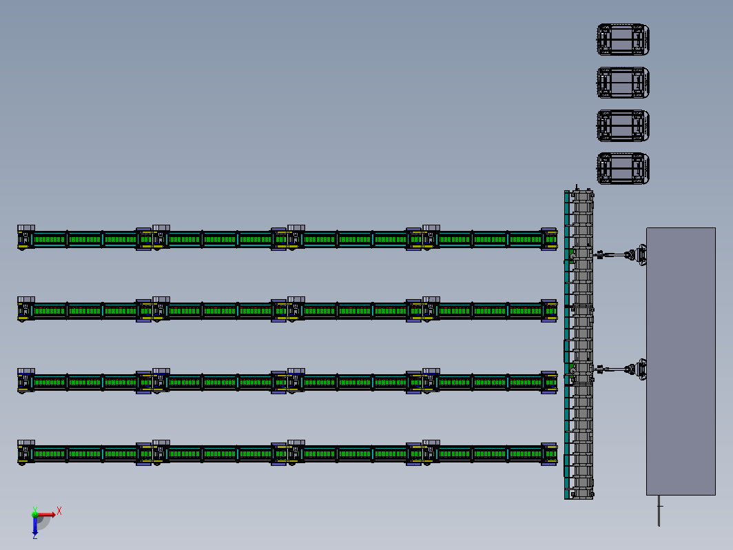 自动化批量切管机设备模拟，包括输送链板，上下料移动机械手，运输AGV