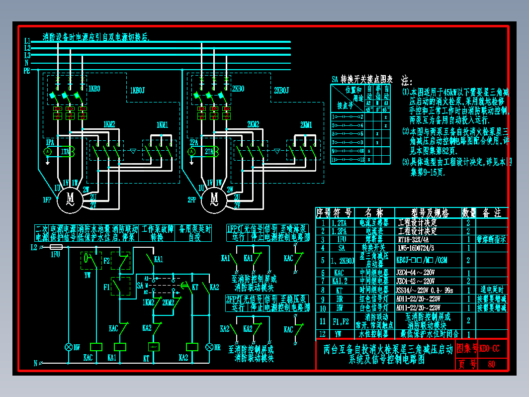 KB0-CC-80两台互备自投消火栓泵星三角减压控制电路图