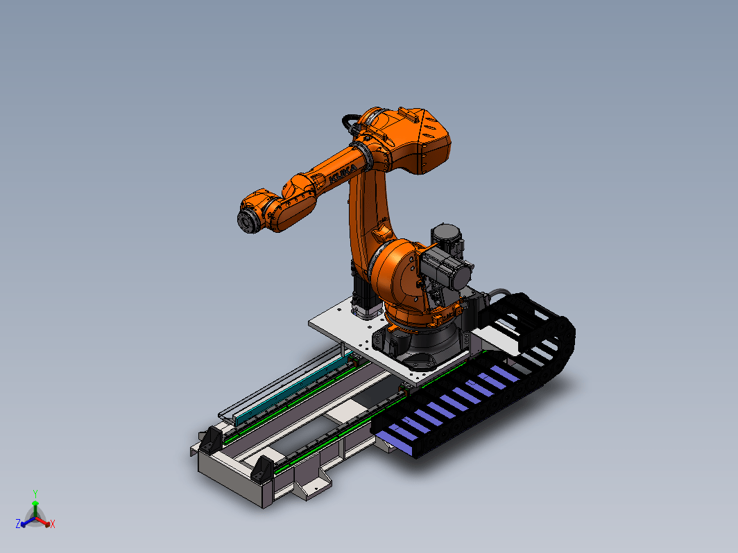 库卡机器人第七轴采用伺服电机加减速机驱动，齿轮齿条传动方式