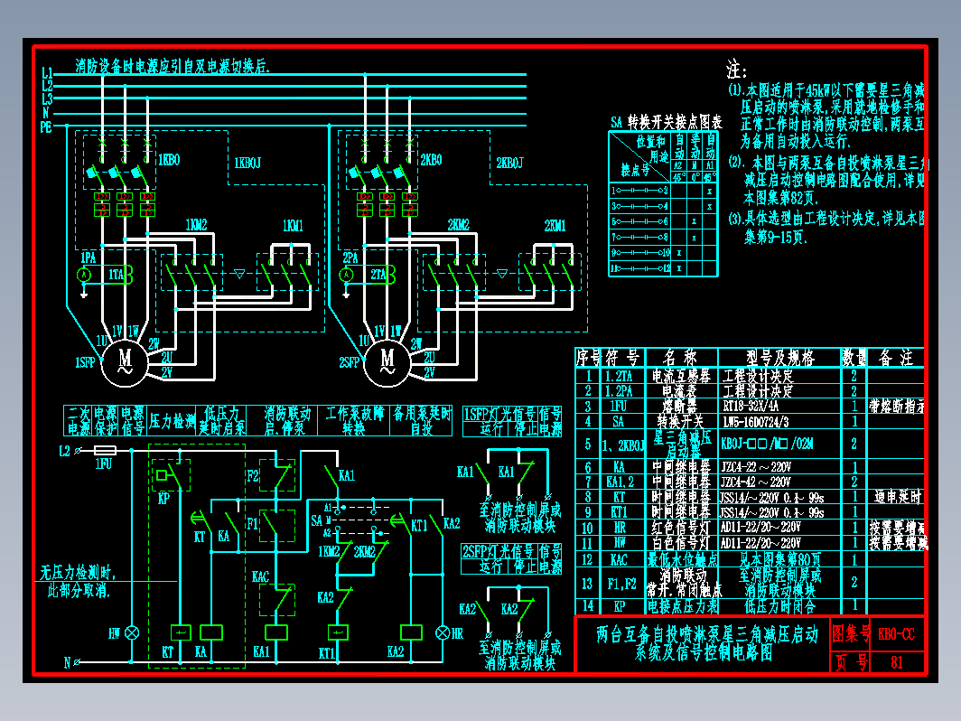 KB0-CC-81两台互备自投喷淋泵星三角减压启动控制电路图