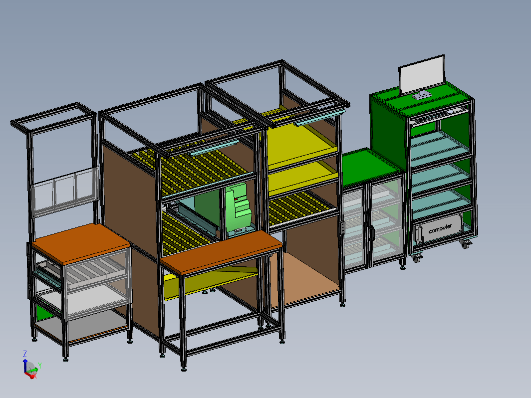 5个人工装配线的物料架（流利条、打印机、键盘抽屉、物料盒放置台、文件放置板、主机柜、不良品柜等）