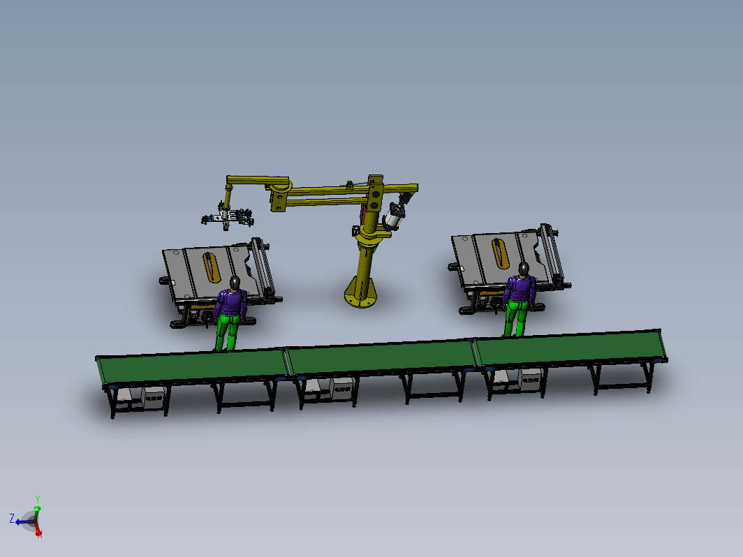 手动板件切割机与助力机械臂组合作业模拟，包括切割机，运输台，助力搬运机械臂，作业人员等