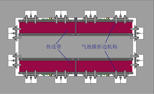 门框自动打包线体，气泡膜卷下卷机、翻转上线机构、传送带、泡沫机械臂上料机、贴胶带机械臂、气泡膜折弯机、机架等缩略图