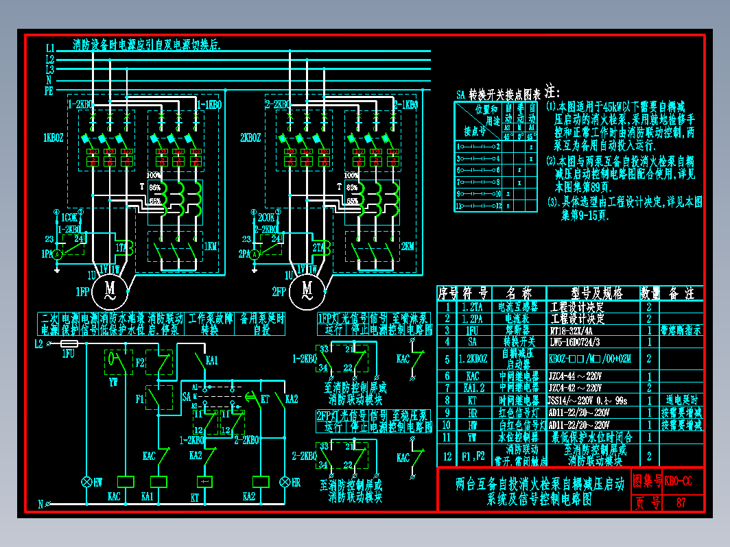 KB0-CC-87两台互备自投消火栓泵自耦减压启动系统及信号控制电路