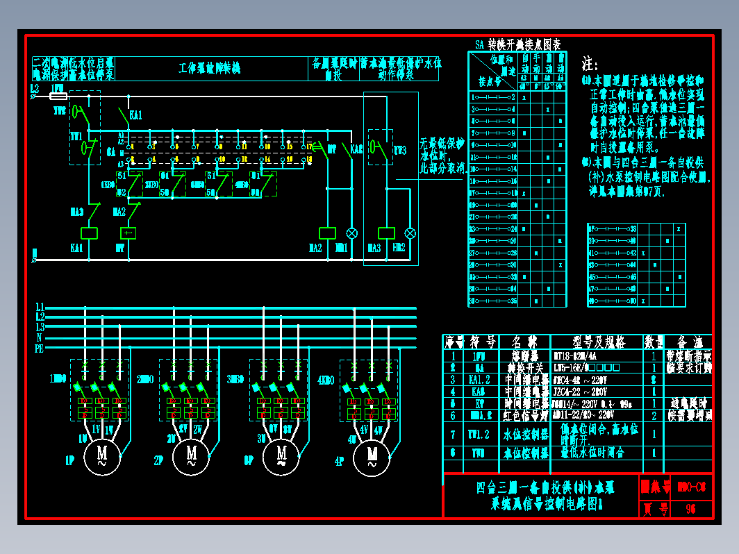 KB0-CC-96四台三用一备自投供(补)水泵系统及信号控制电路图1