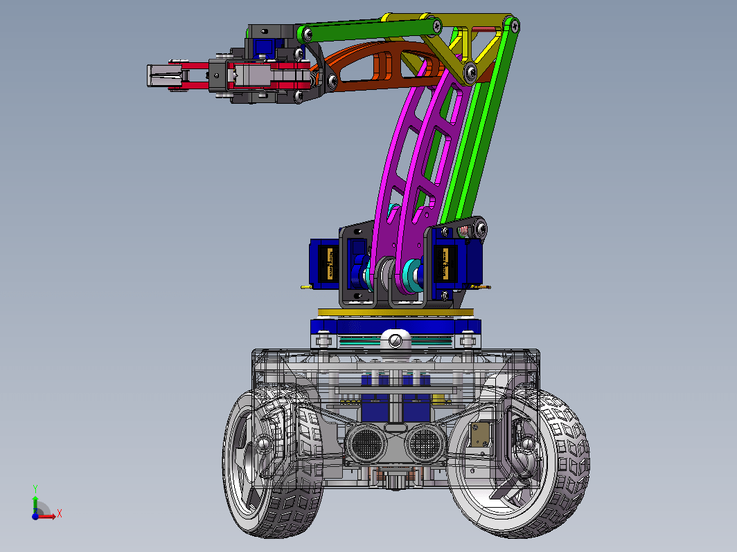 配机械臂的4转向4驱动小车3D数模图纸 Solidworks2021设计 附STEP