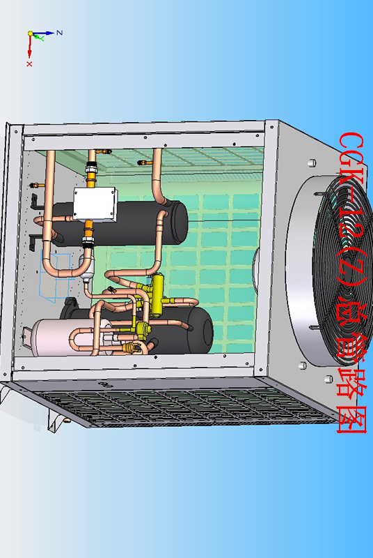 热泵机器3d建模，压缩机，冷凝器，蒸发器，节流装置，四通阀等零