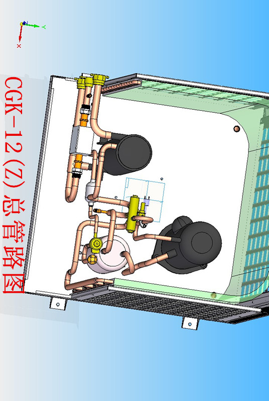 热泵机器3d建模，压缩机，冷凝器，蒸发器，节流装置，四通阀等零