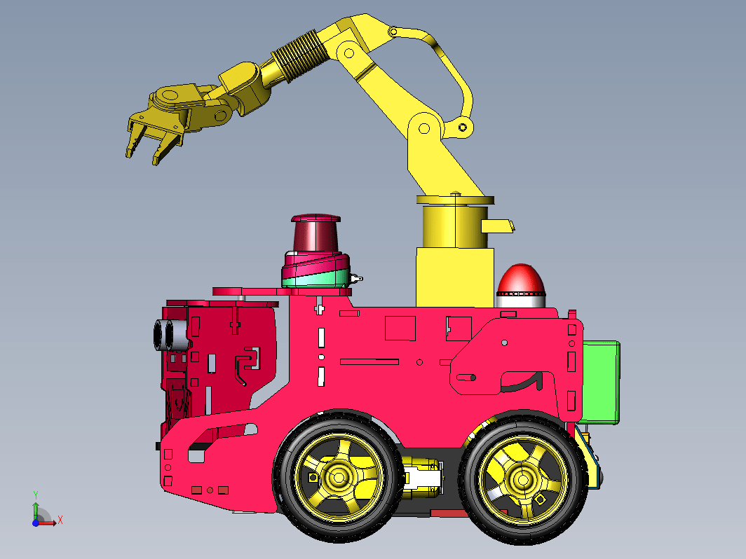 智能作业小车模型，包括激光导航传感器，作业机械手，控制面板，小车本体，轮组等