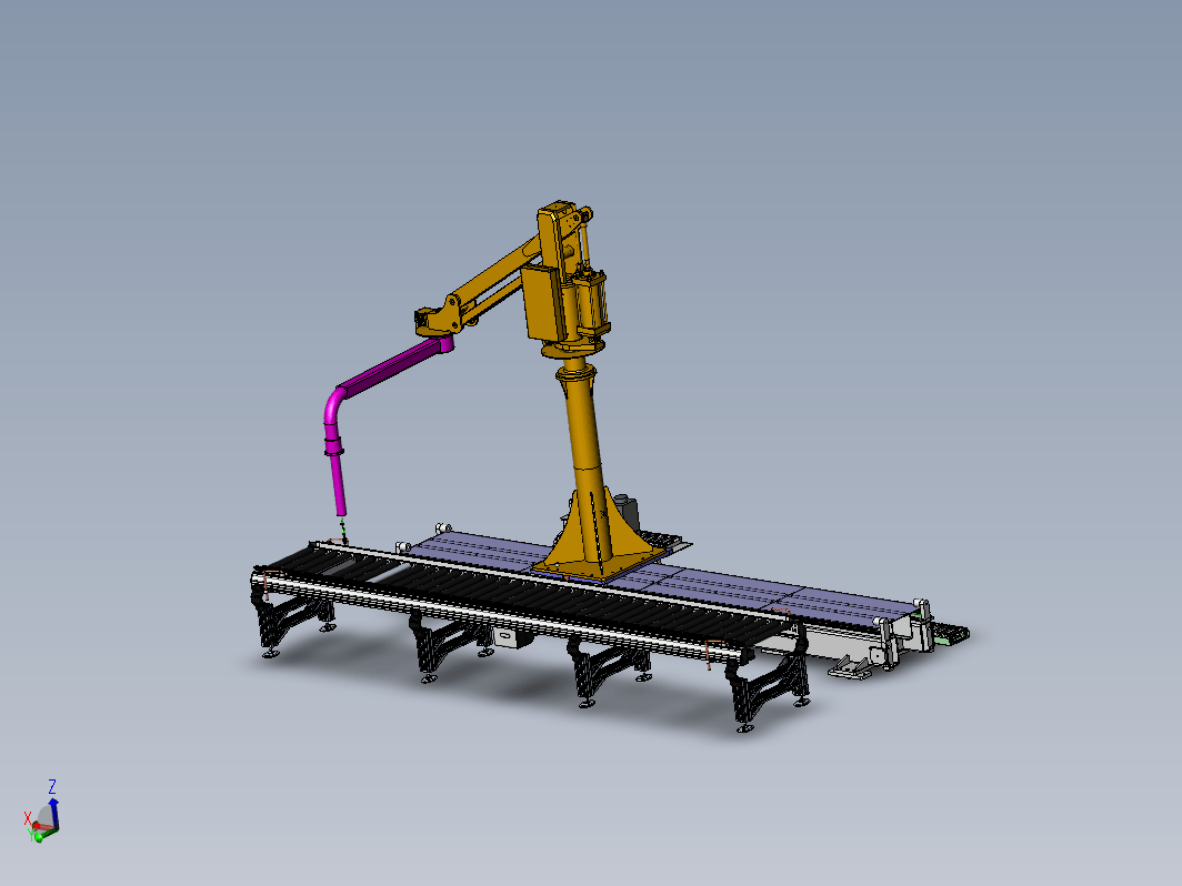 模型为移动式吊装搬运机械手，包括吊钩，机械手，输送台，移动底座等