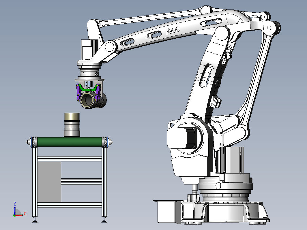 加工轴套的机械手上下料模拟，包括机械手臂，运输台，轴套，抓取端等