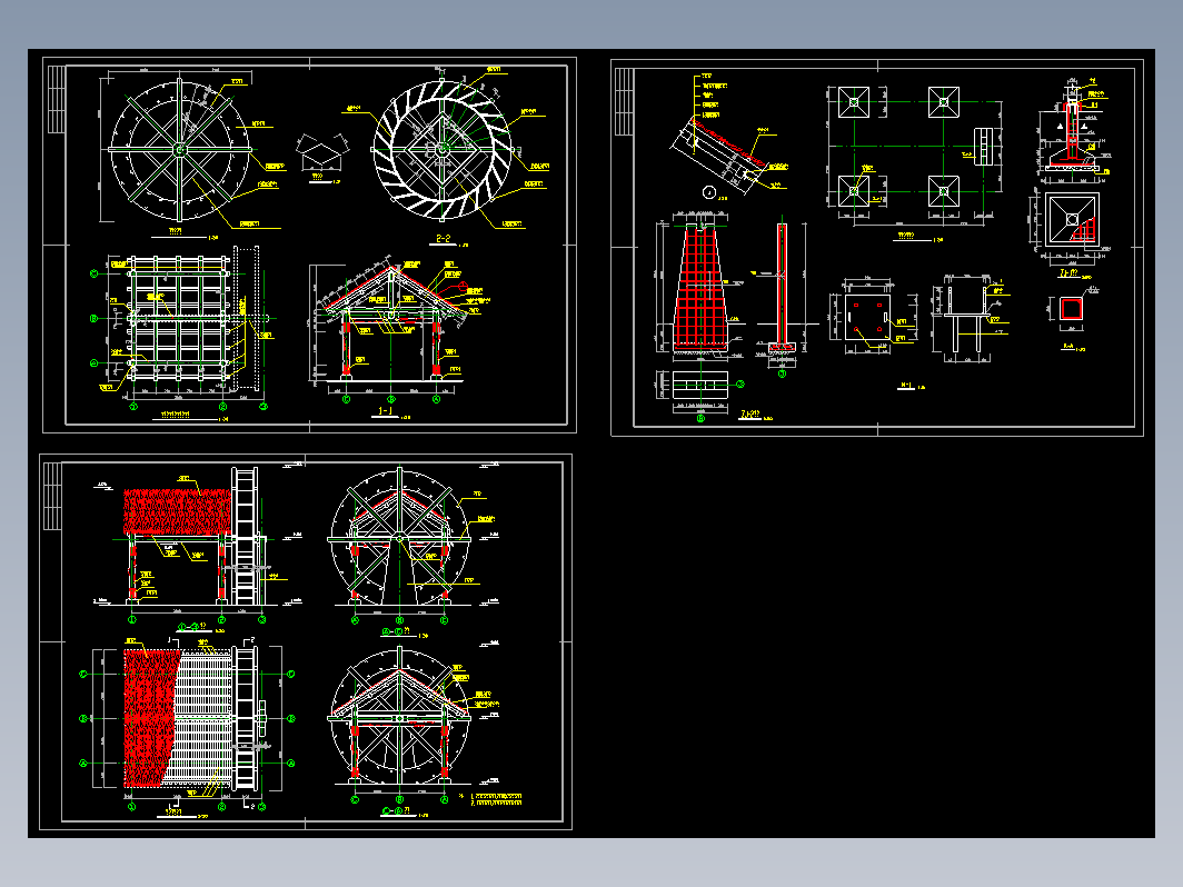 公园水边水车草棚木屋施工图详图剖面图及结构大样图CAD图纸