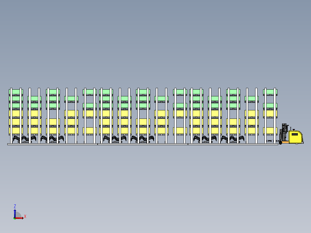 堆高叉车AGV在立库中的搬运模型，包括堆高叉车AGV，立库，物料板件，物料箱体