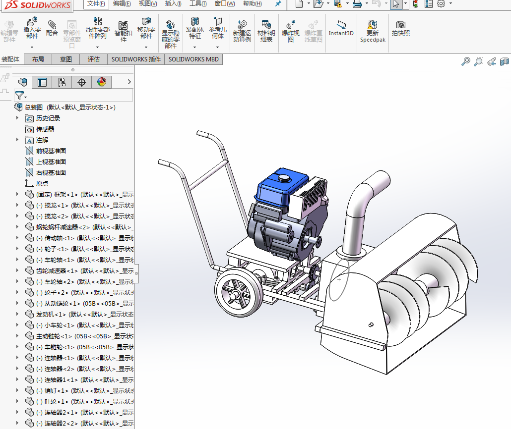 手扶式小型除雪机设计三维SW+CAD+说明书