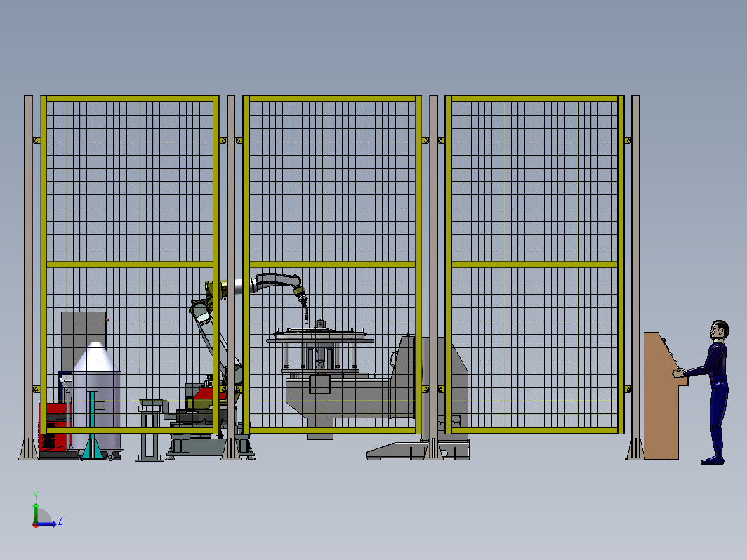 机械手与变位机组合的焊接工作站模拟焊接机械手与变位机，安全围挡，控制台，作业人员