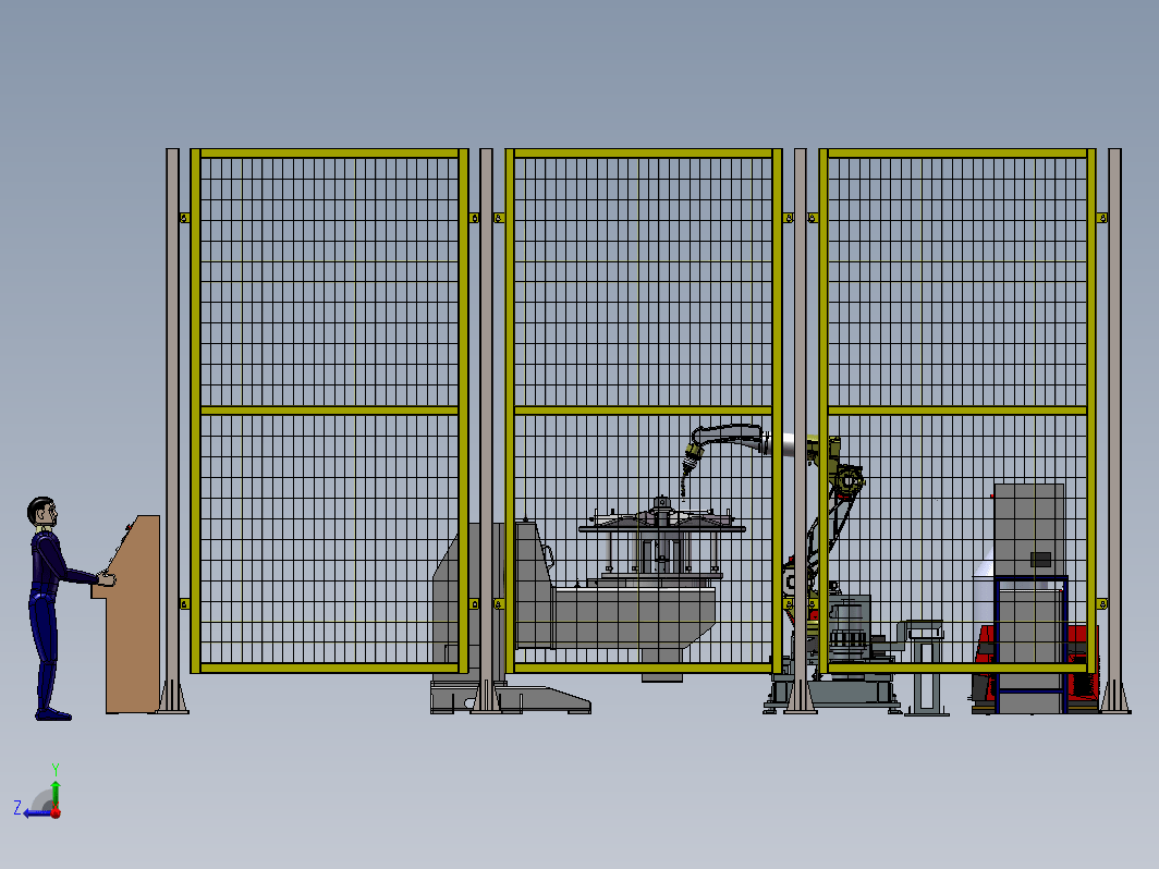 机械手与变位机组合的焊接工作站模拟焊接机械手与变位机，安全围挡，控制台，作业人员