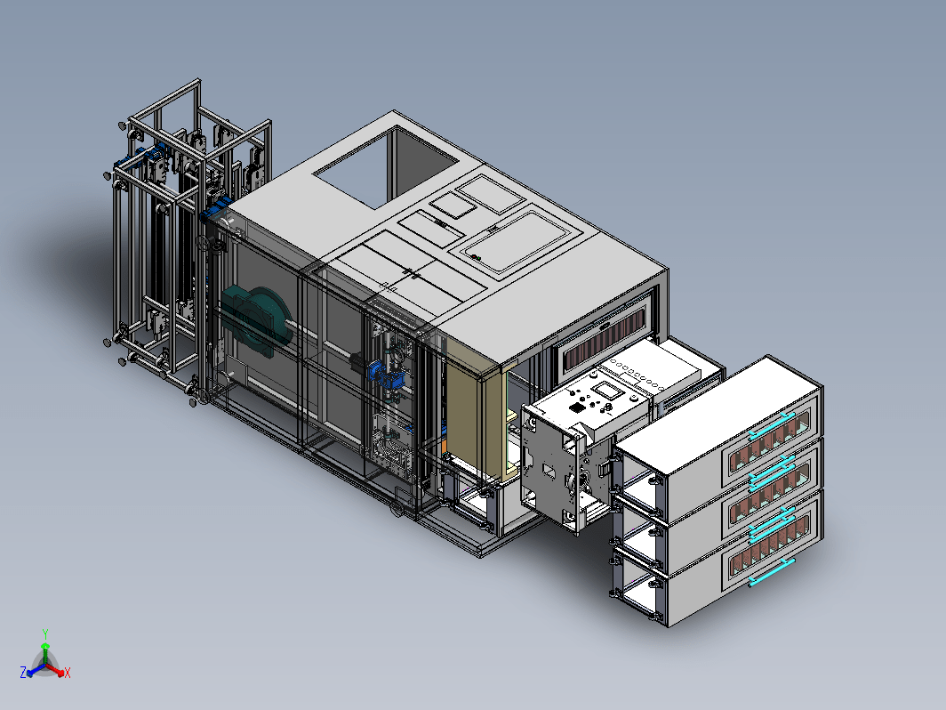 电脑主板风扇上料总装线，包括AGV、组装机器人、输送线、自动伸缩货叉等