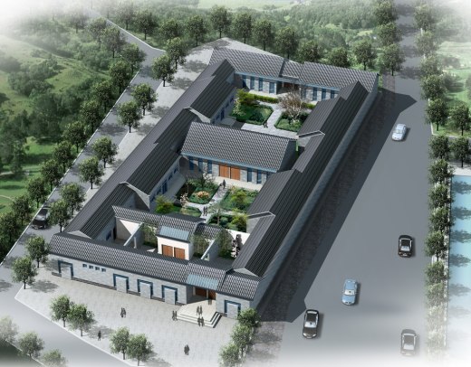 长59米 宽32.2米 二层砖混结构四合院建筑设计图 带1相似JPG外观鸟瞰效果