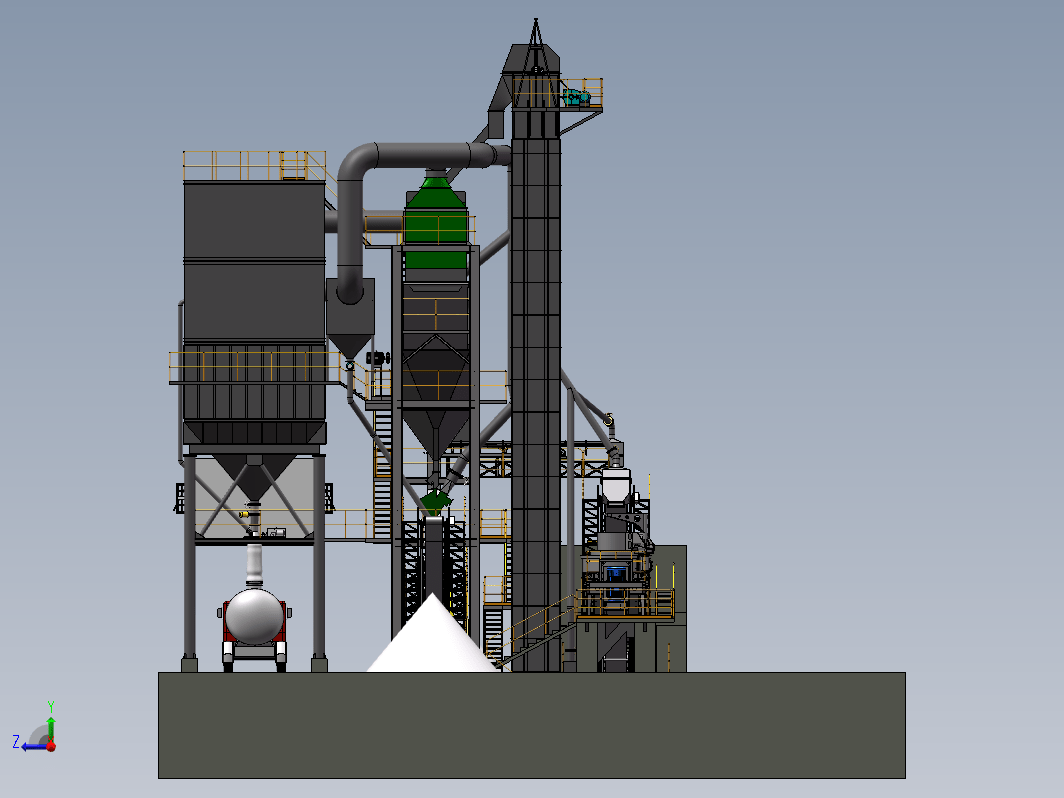 砂石生产线，由提升机、预混仓、小料仓、混合机、成品仓、包装机、除尘器、电控柜、气相平衡系统