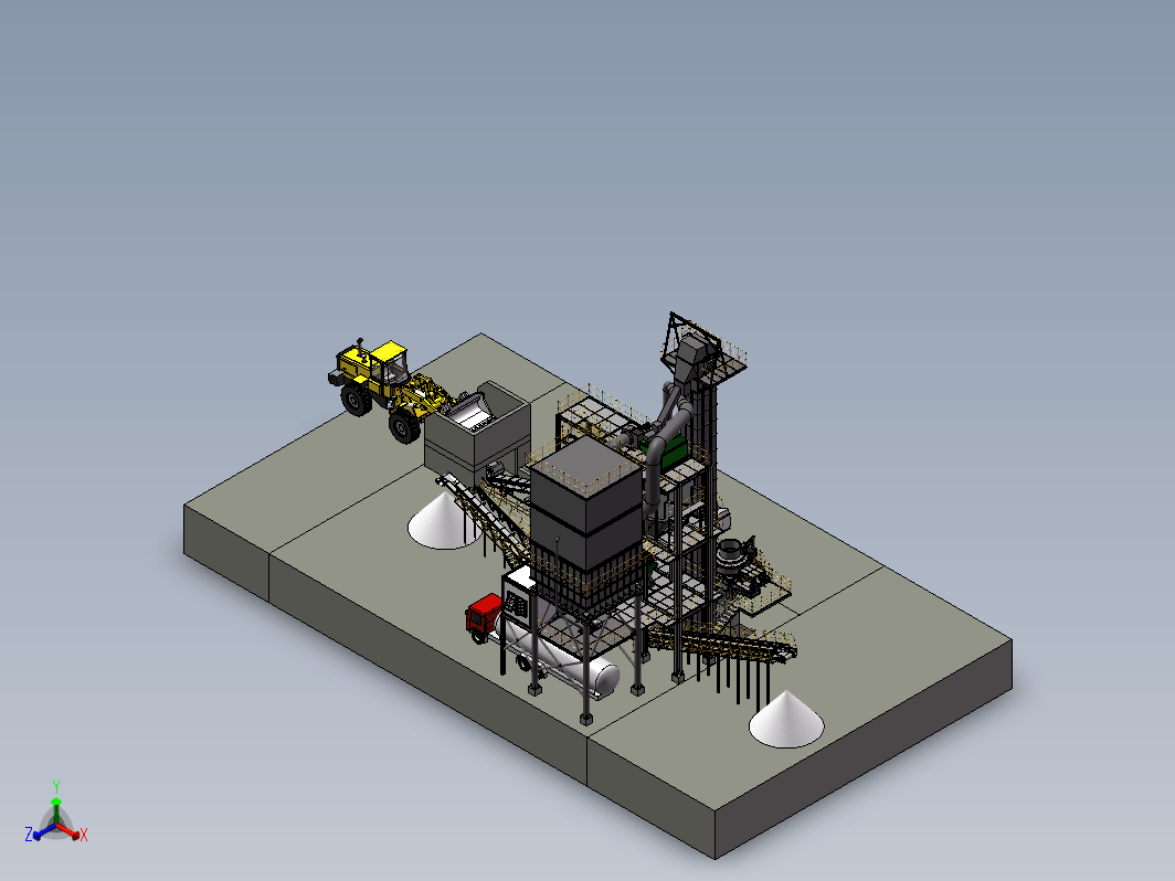 砂石生产线，由提升机、预混仓、小料仓、混合机、成品仓、包装机、除尘器、电控柜、气相平衡系统
