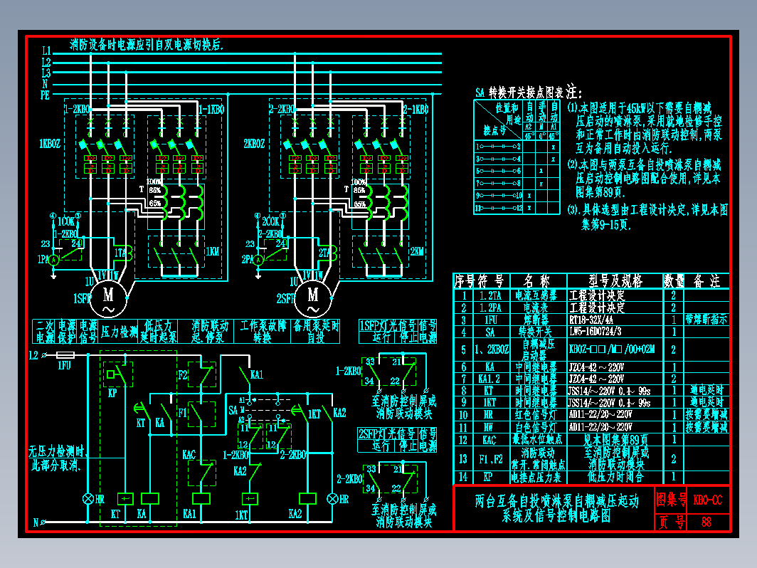 KB0-CC-88两台互备自投喷淋泵自耦减压起动系统及信号控制电路图