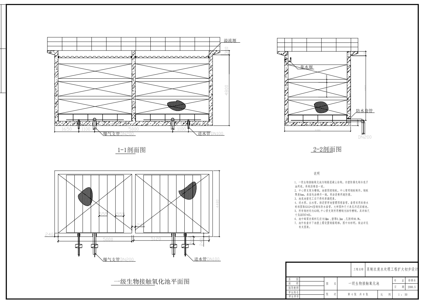 1600m3／d二级生物接触氧化法处理制衣废水CAD套图