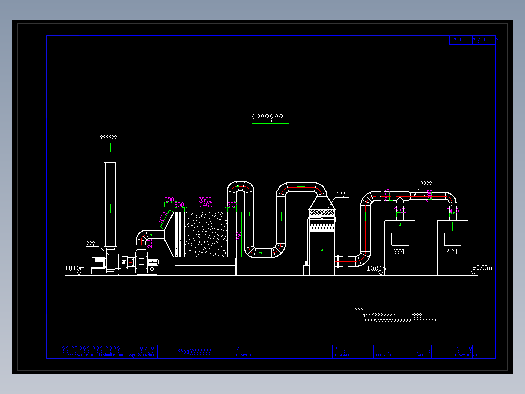 某厂有机废气处理工艺（喷淋+活性炭工艺）设计cad流程示意图