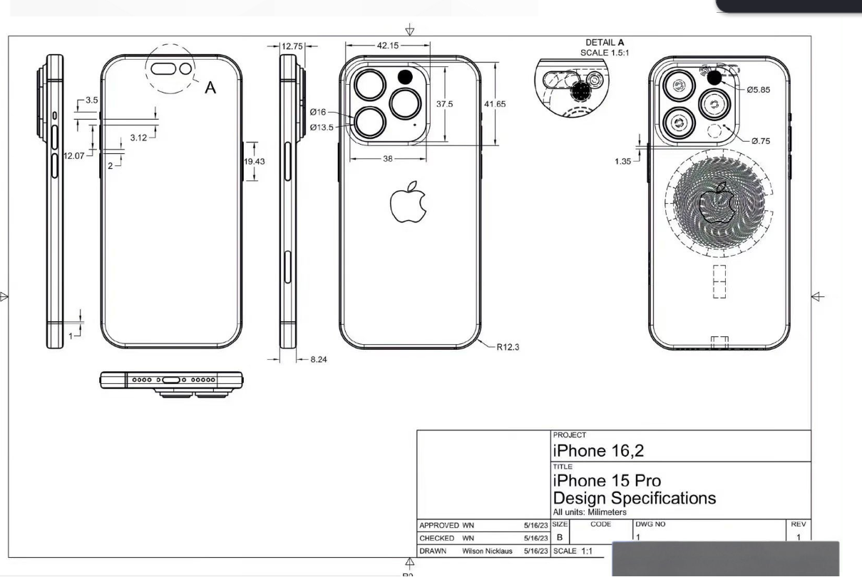 苹果 iphone 15 pro 的结构设计（网上蓝图）