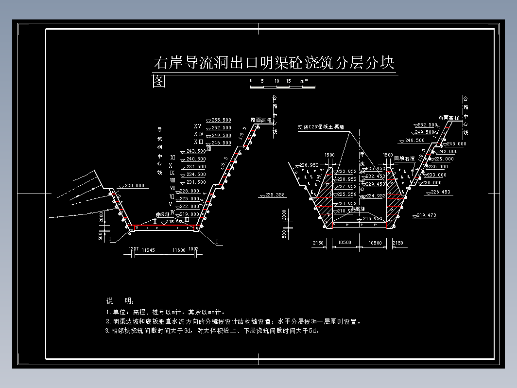 右岸导流洞出口明渠砼浇筑分层分块图