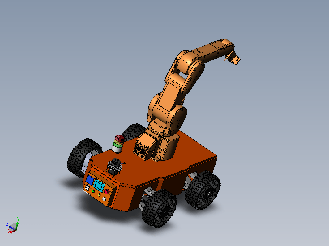 智能越野移动复合小车模型，包括导航传感器，机械手，控制面板，越野小车底座等