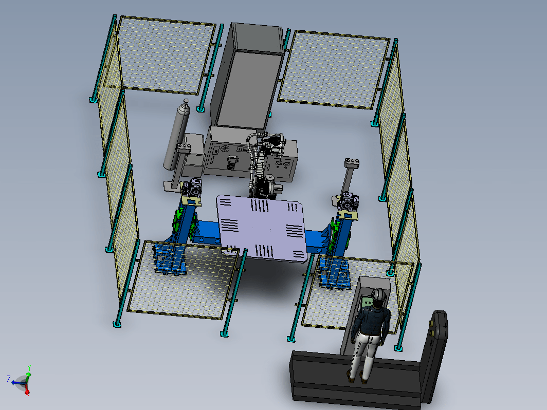 机器人焊接单元模型，包括安全围挡，焊接机械手与变位机，监控平台与人员，电控系统等
