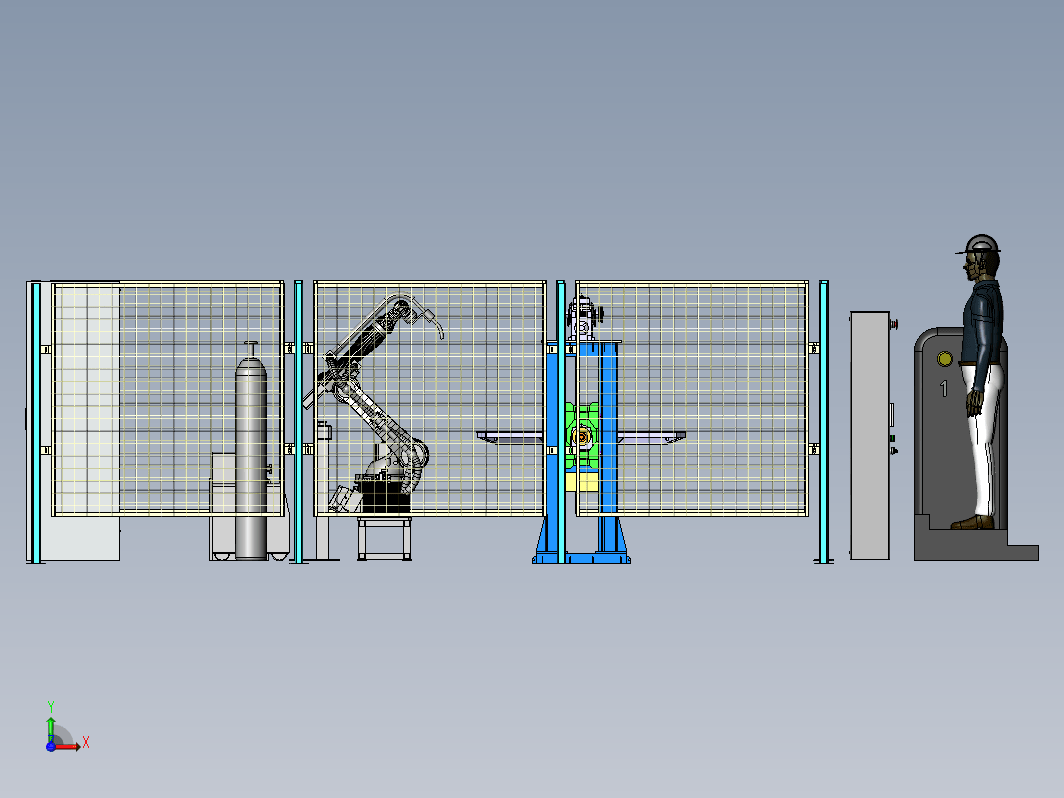 机器人焊接单元模型，包括安全围挡，焊接机械手与变位机，监控平台与人员，电控系统等