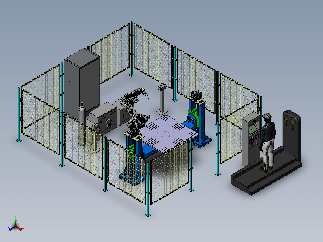 机器人焊接单元模型，包括安全围挡，焊接机械手与变位机，监控平台与人员，电控系统等