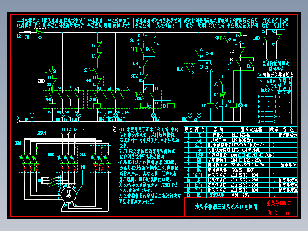 KB0-CC-77排风兼排烟三速风机控制电路图