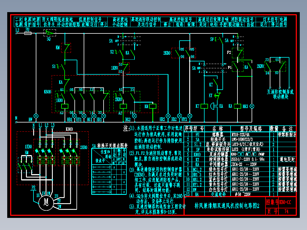 KB0-CC-74排风兼排烟双速风机控制电路图2