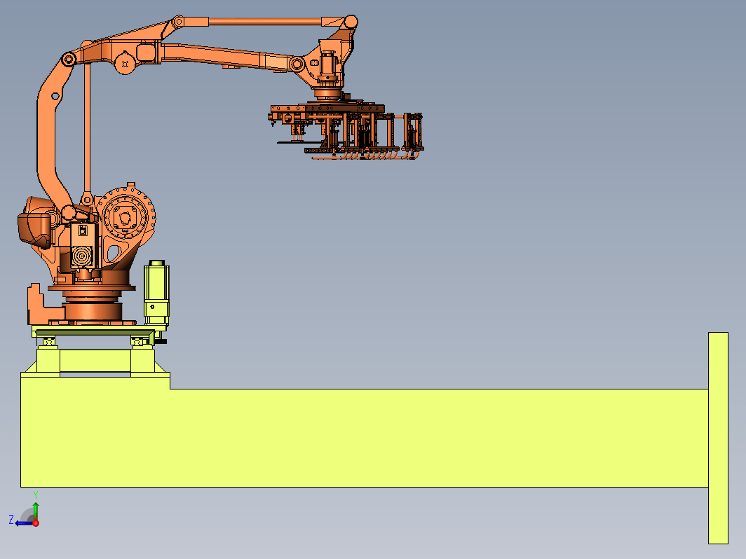 模型为门架式拾搬运持机械手，包括机械手臂，门架机构，移动横梁，抓具等，门架式结构