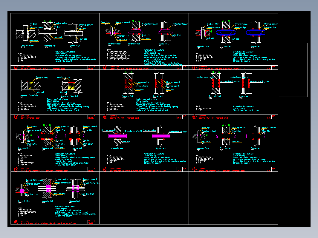 经典防火封堵设计cad节点详图（中英文标注，共10图）