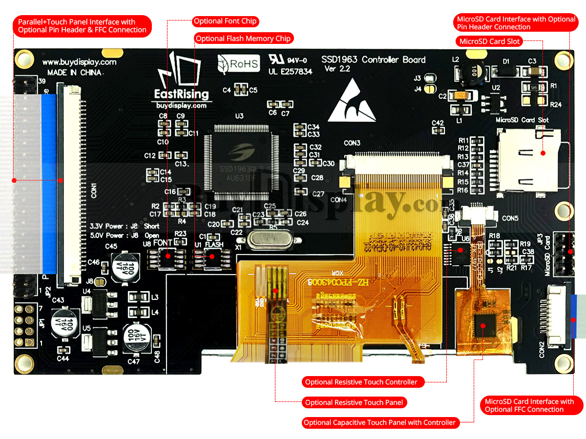 4.3 英寸 800x480 TFT LCD 模块 wSSD1963,电容式触摸屏