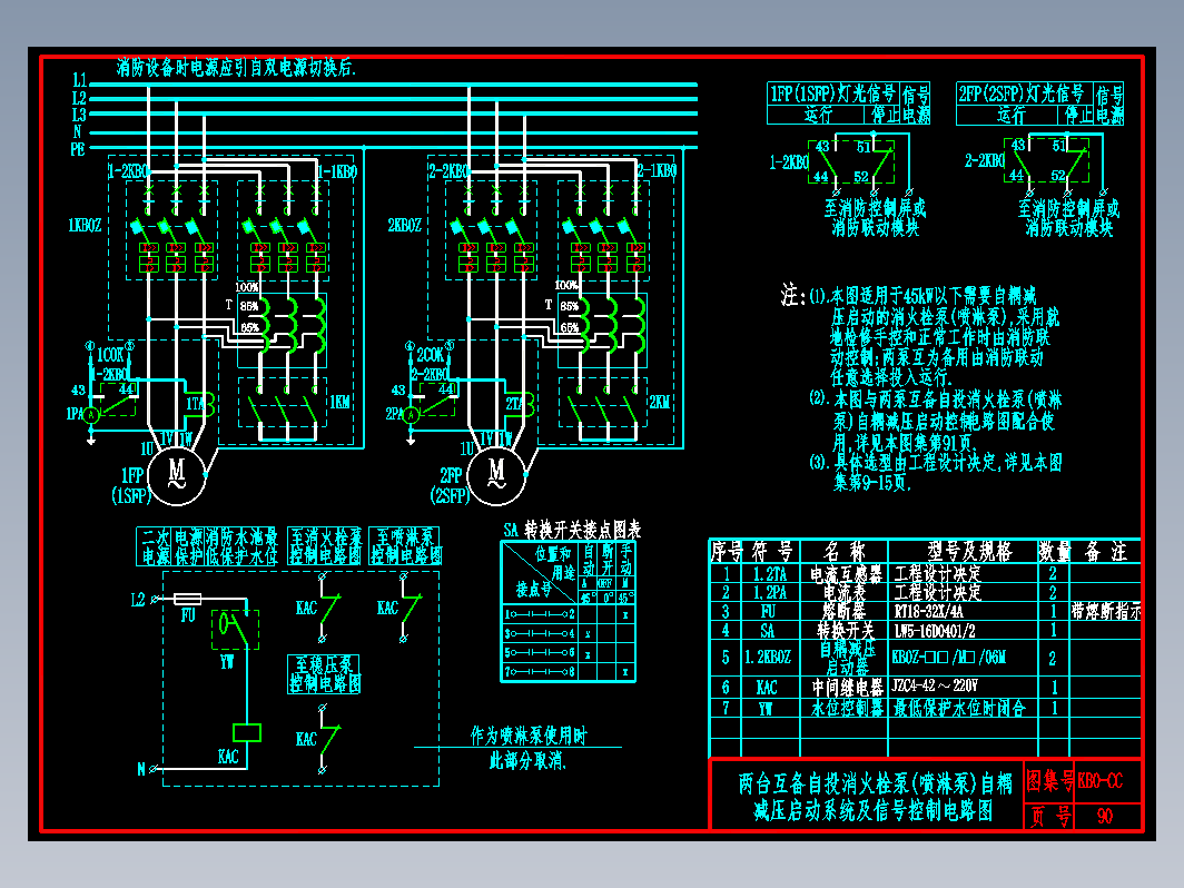 KB0-CC-90两台互备自投消火栓泵(喷淋泵)自耦减压启动控制电路图