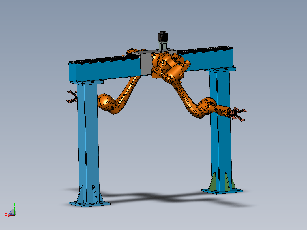 门架式双抓取机械手模型，包括电机驱动，滑轨与齿条，门架机构，抓取机械手等
