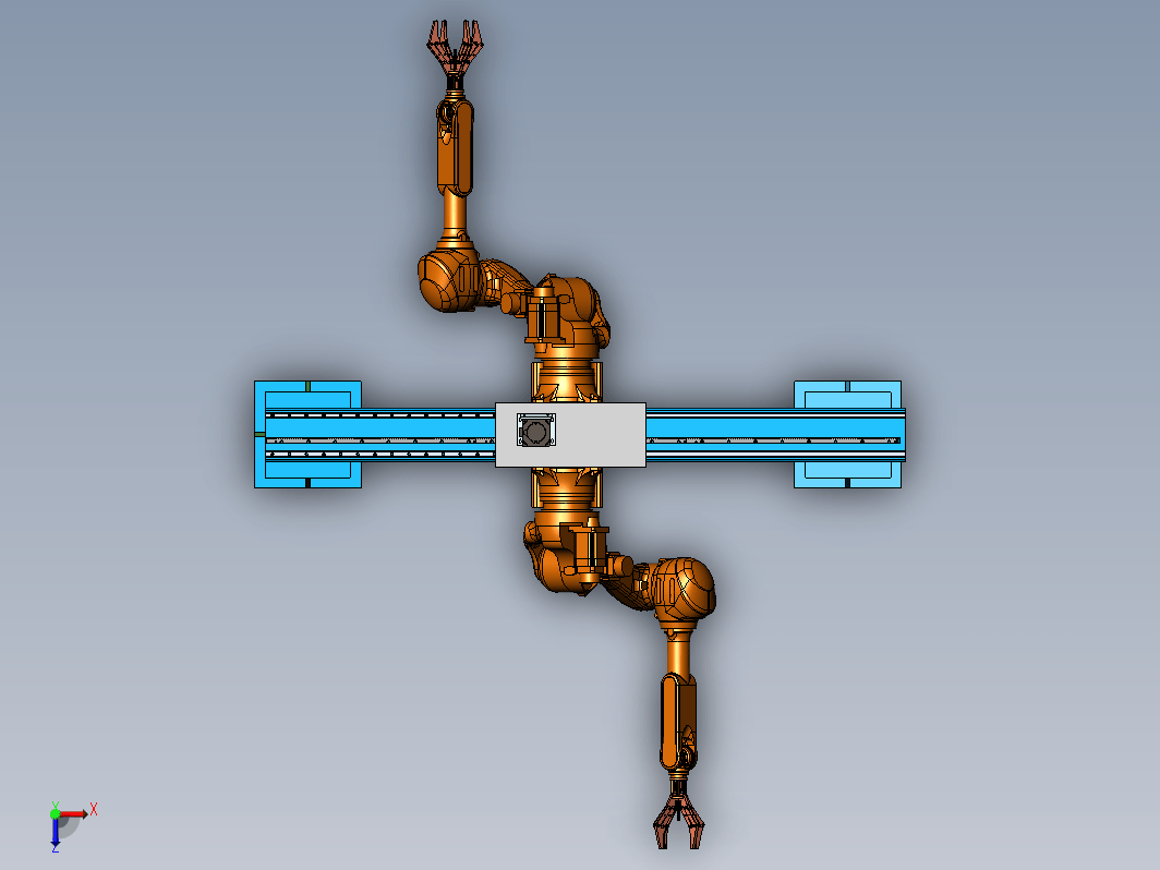 门架式双抓取机械手模型，包括电机驱动，滑轨与齿条，门架机构，抓取机械手等