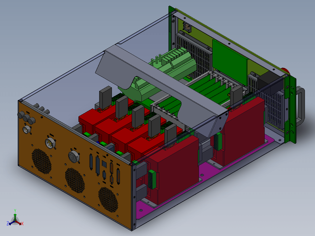机器人电控箱3D数模，结构详细，内部组件齐全完整，包括电源、滤波器、端子排、汇流排、接触器、电源转接板、风扇、风机、风机机架、按钮、把手、示教航插等