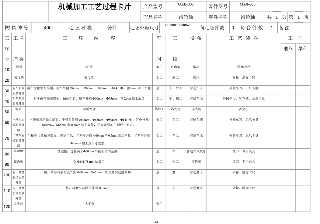 齿轮轴加工工艺及夹具二维设计CAD+说明书