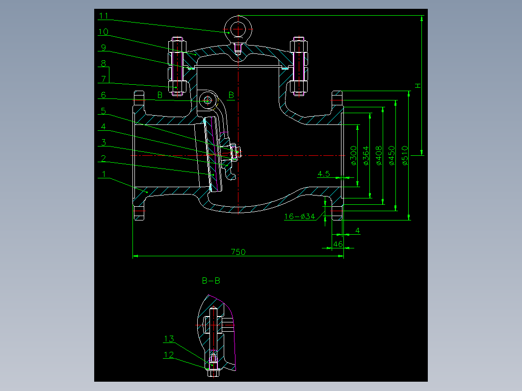 旋启式止回阀总装配图 H44H-40 DN300