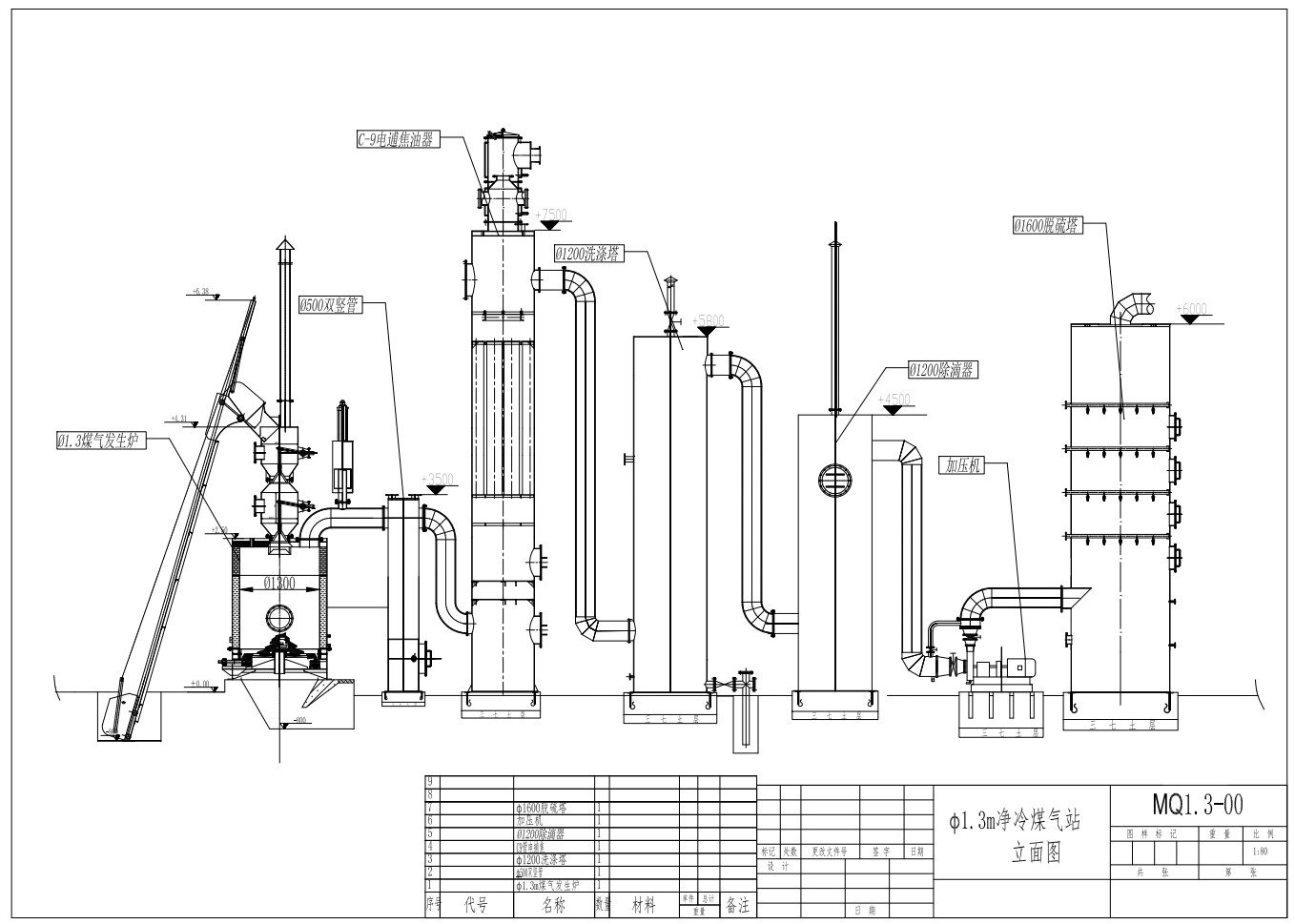 φ1.3m单段冷净煤气发生站CAD