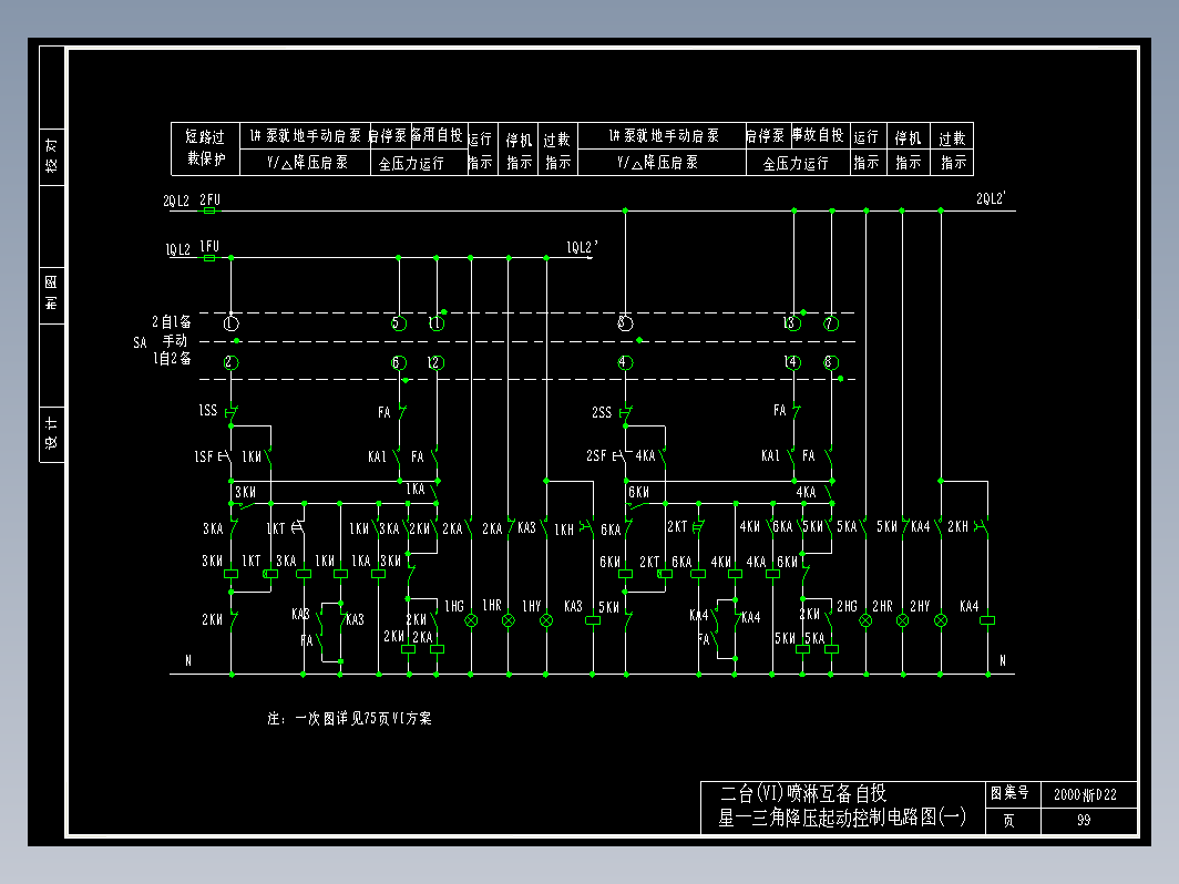 二台(VI)喷淋互备自投星--三角降压起动控制电路图